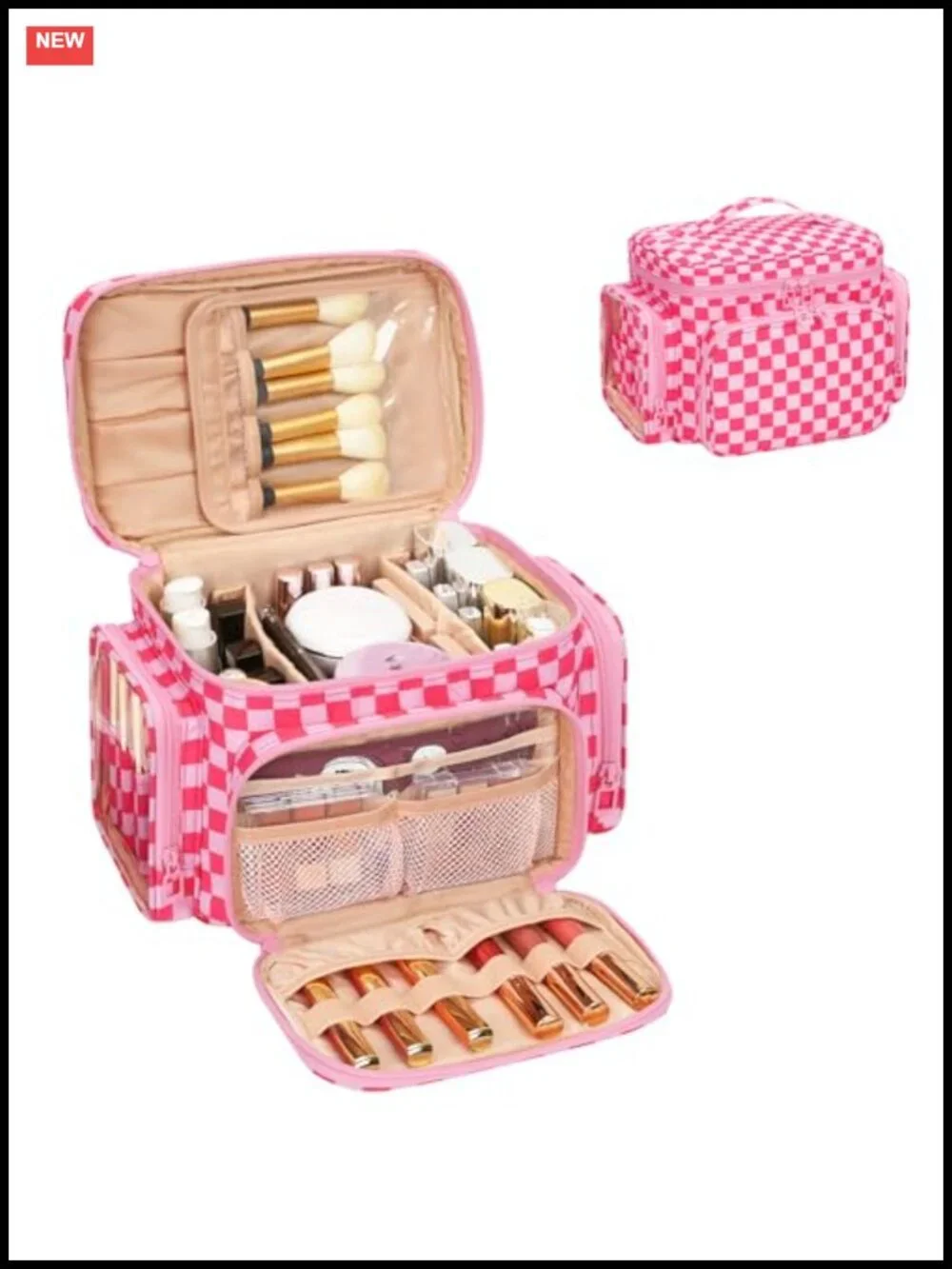 Large Checkered Makeup Bag with Brush Compartment & Pockets, Travel Cosmetic